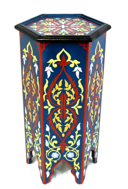 Moroccan Pedestal Table Painted Tall Blue Handmade Authentic Solid Wood Decor